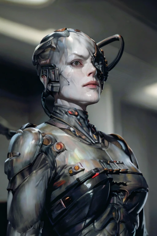 (bald gray skin:1.1,cyborg:1.2)metal armor,veins,borg,eyepatch,cable,luma,rosalina,detailed face,detailed eyes,detailed lips,metal texture,sci-fi,glowing lights,dark background,highres