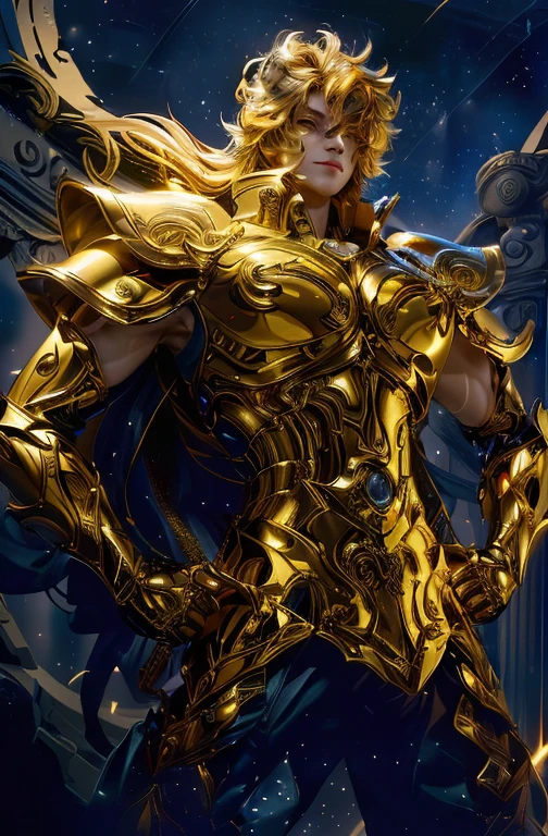 masterpiece, realistic, super detailed, unity 8k wallpaper,
Gemini Armor,
((boy, dynamic pose, ( Gemini Armor, golden armor, Bright colors), Sweet Lips, (blue hair), (black|brown eyes), (highly detailed face:1.1),(Medium hairstyle:1.1)|, thin lips,smile, Thin hands, Thin fingers )), Severe,
greek temple, highly detailed background,
Fascinating Movement, Stunning visuals,
seamless blend, Engaging storytelling