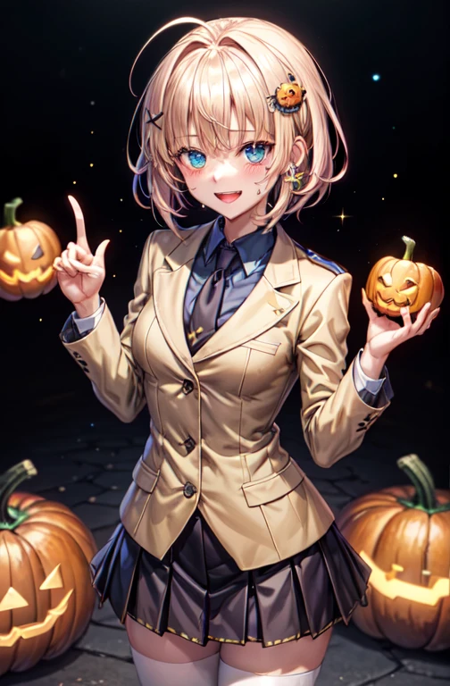 woman,************,,city,(((Beige blazer school uniform))),open mouth smile, ((There are two stray hairs coming out of my head.)), ((チョコレートのhair ornaments)), ((baby girl body shape)), 1 girl, Artoria Pendragon,destiny,aphrodisiac,Lie,Things to know,full of sweat,Wet Area, Areol, defenseless,embarrassing,please be shy,Knead the milk,Emphasis on milk,Len,breast milk, Knight King,Noble,ring,既婚woman, Pointing straight up, (highest quality:1.1), (masterpiece:1.4), (absurd:1.0), Portrait, Close-up, 1 girl、Momoberia Deviluke、hair ornaments、Beautiful bob cut、beautiful short hair、emerald blue eyeedium chest、looking at the viewer、(blush:1.2)、embarrassed look、Mesh pantyhose、black background、((Pumpkin lantern)), Striped pattern, ((Has a troubled look)), ((There are Western-style sweets everywhere.)), ((V sign)), ((cute gesture))