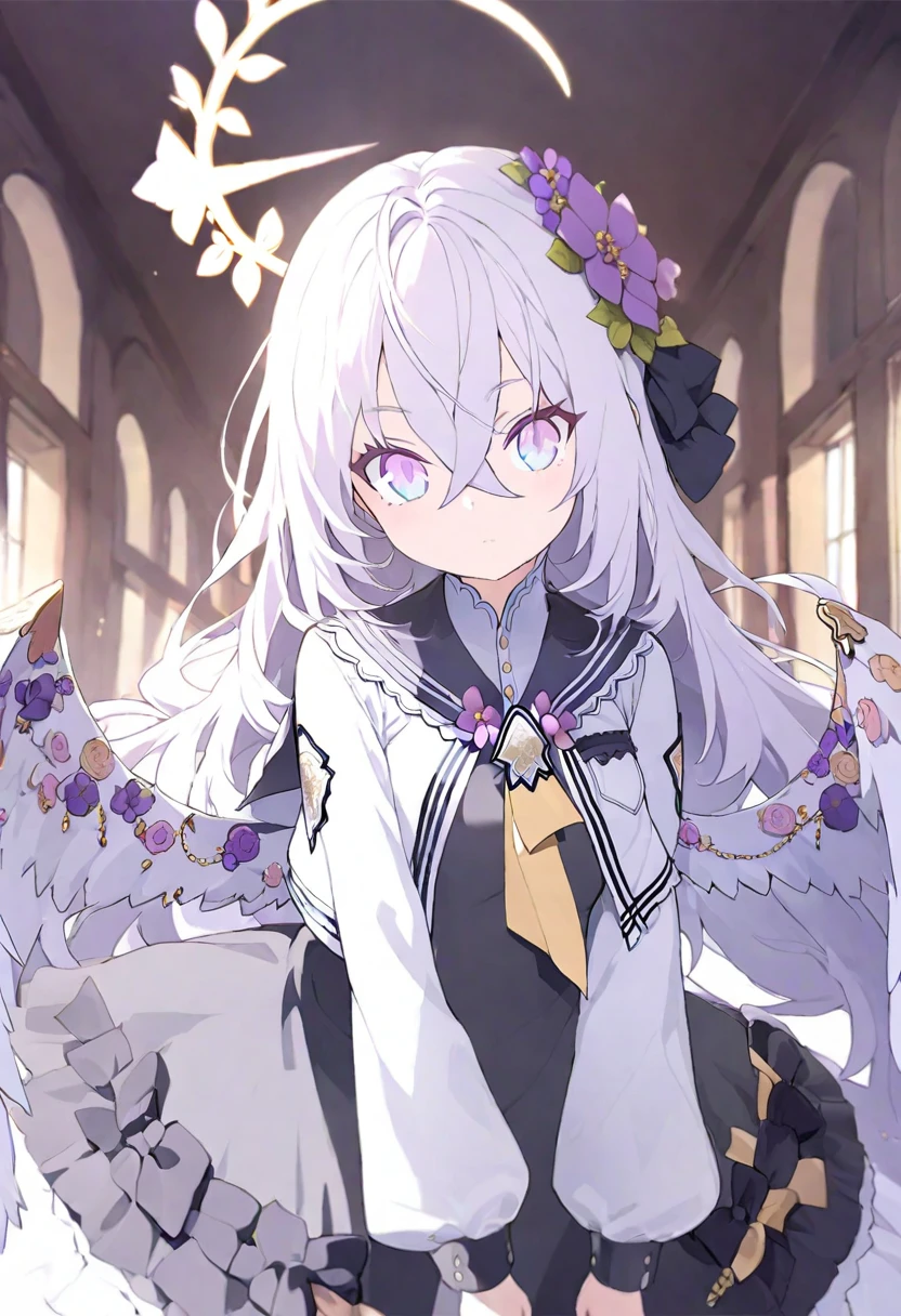 azusa-default, azusa \(blue archive\),AddXL , 1girl angel_wings black_dress blue_eyes breasts closed_mouth dress feathered_wings flower flower_pot gradient_eyes hair_between_eyes hair_flower hair_ornament indoors long_hair looking_at_viewer multicolored_eyes own_hands_together plant purple_eyes sleeveless sleeveless_dress small_breasts solo white_hair white_wings wing_ornament wings