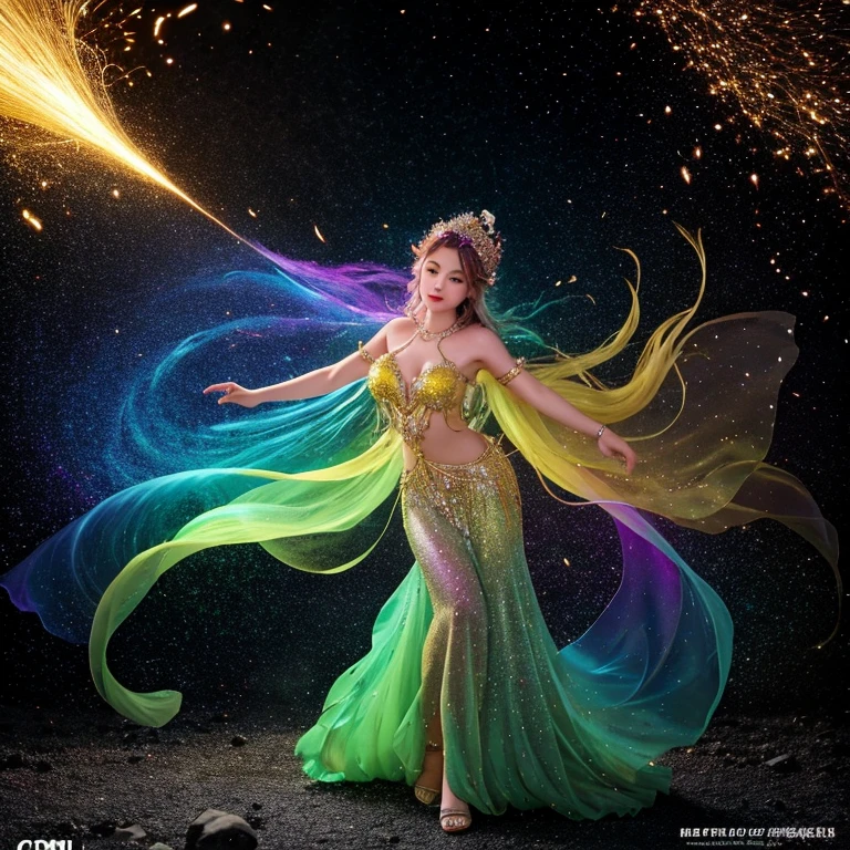 fantastically beautiful magical goddess of color burst into the dim world of soot of poverty and poverty, exquisite details, warm background, swirl of sparks, fantasy art, ultra-detailed, hyperrealism, bokeh and shimmering dust, chrysoberyl, flawless lines, high-precision detail, chrysoberyl, best quality, cinematic , comic art, magnetic gradient