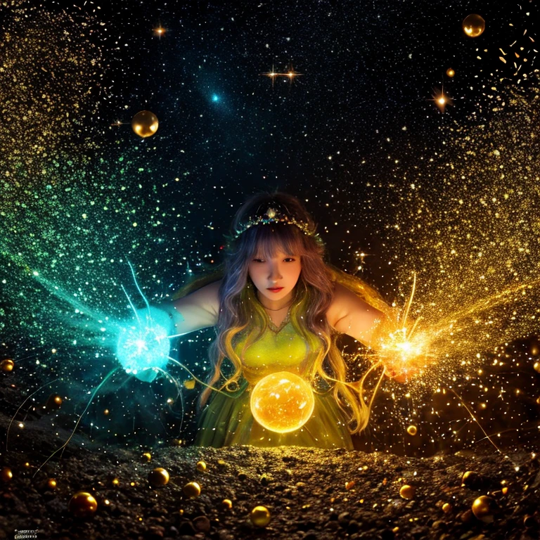 fantastically beautiful magical goddess of color burst into the dim world of soot of poverty and poverty, exquisite details, warm background, swirl of sparks, fantasy art, ultra-detailed, hyperrealism, bokeh and shimmering dust, chrysoberyl, flawless lines, high-precision detail, chrysoberyl, best quality, cinematic , comic art, magnetic gradient