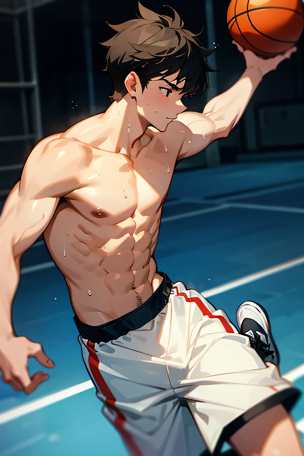 shirtless, super muscular, sweat-drenched body, dripping with sweat, 22-year old short black hair handsome caucasian male wearing sweat-drenched white basketball shorts and rubber shoes, running, playing basketball in the outdoor setting