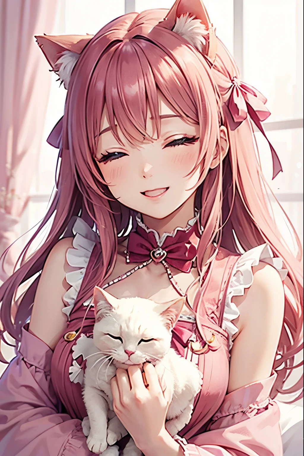 Cat with pink ribbon、Hair Pink、pink eyes、pink clothes、Closed eyes that laughed、Have a gift、Appearance of being happy and cheerful