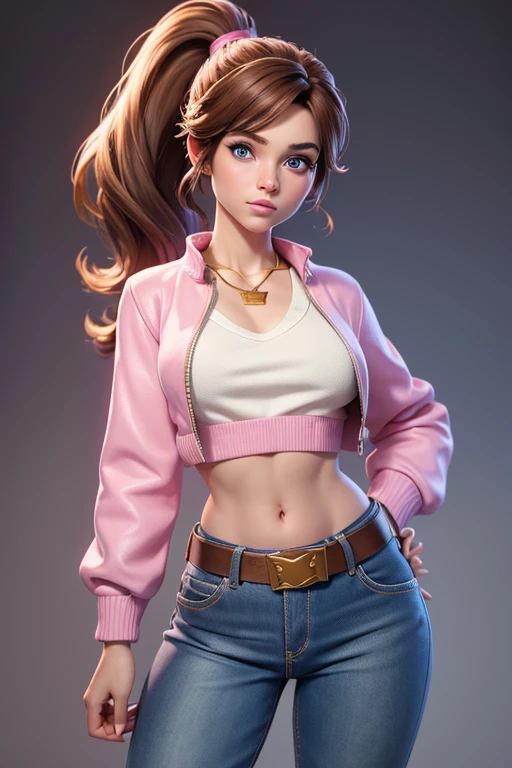 Kitty Pryde with a dark brown ponytail hair, big blue eyes, very small breasts, belt, cotton cream top and open pink cotton sweater  jacket on top!, gold necklace,  low-rise cream denim pants, slim body, covered navel, cropped legs, cotton, front view!, white background, realistic colors, front view, light coming from the right, 8K image quality, Masterpiece