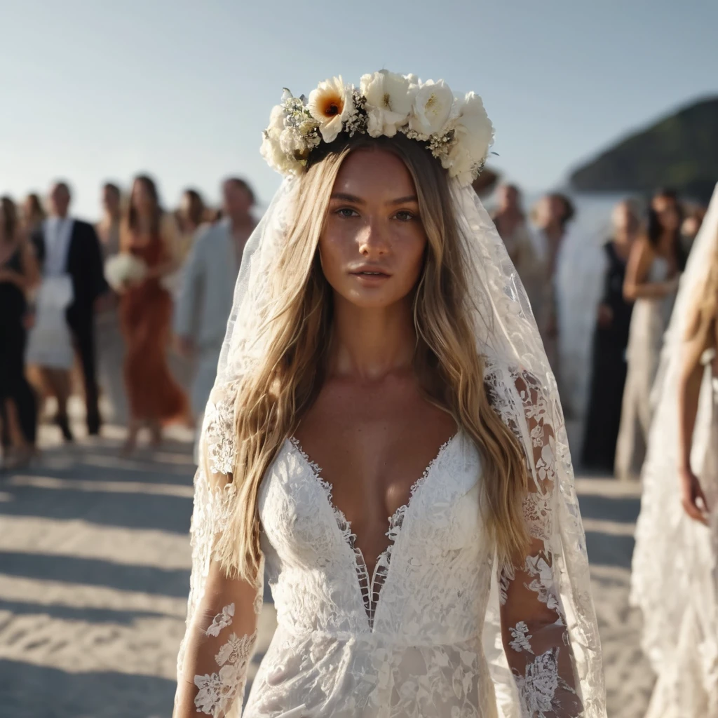 Supermodel, Brazilian, dark tanned, brown eyes, full body shot, long dark blonde hair, walking Down runway, beautiful , natural beauty, no makeup, model, 4K, realistic, natural, textured skin, freckles on face, wearing a flowing lace bohemian wedding gown, flower crown on head, wearing wedding veil, white high heels, fashion lighting, zoom out, 