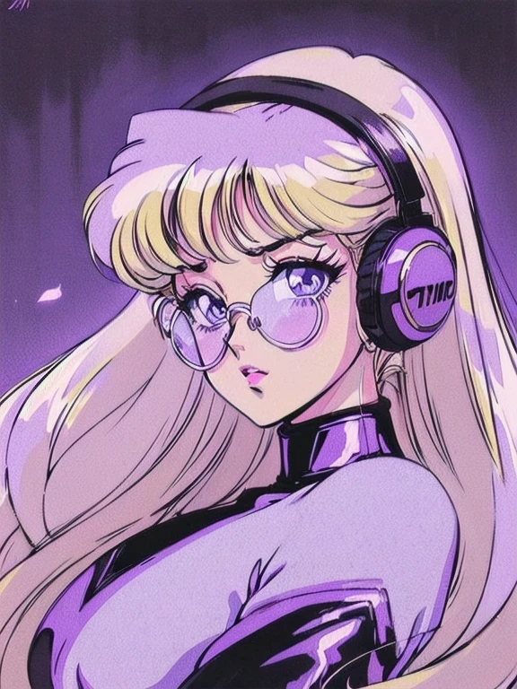 (Blonde Barbie:1.2),(vintage 90's:1.1),(romance anime style:1.3), white glasses, headphones, dark cyberpunk, dystopia, dark color scheme with a black and purple background, curly hair, lilac turtleneck, jeans