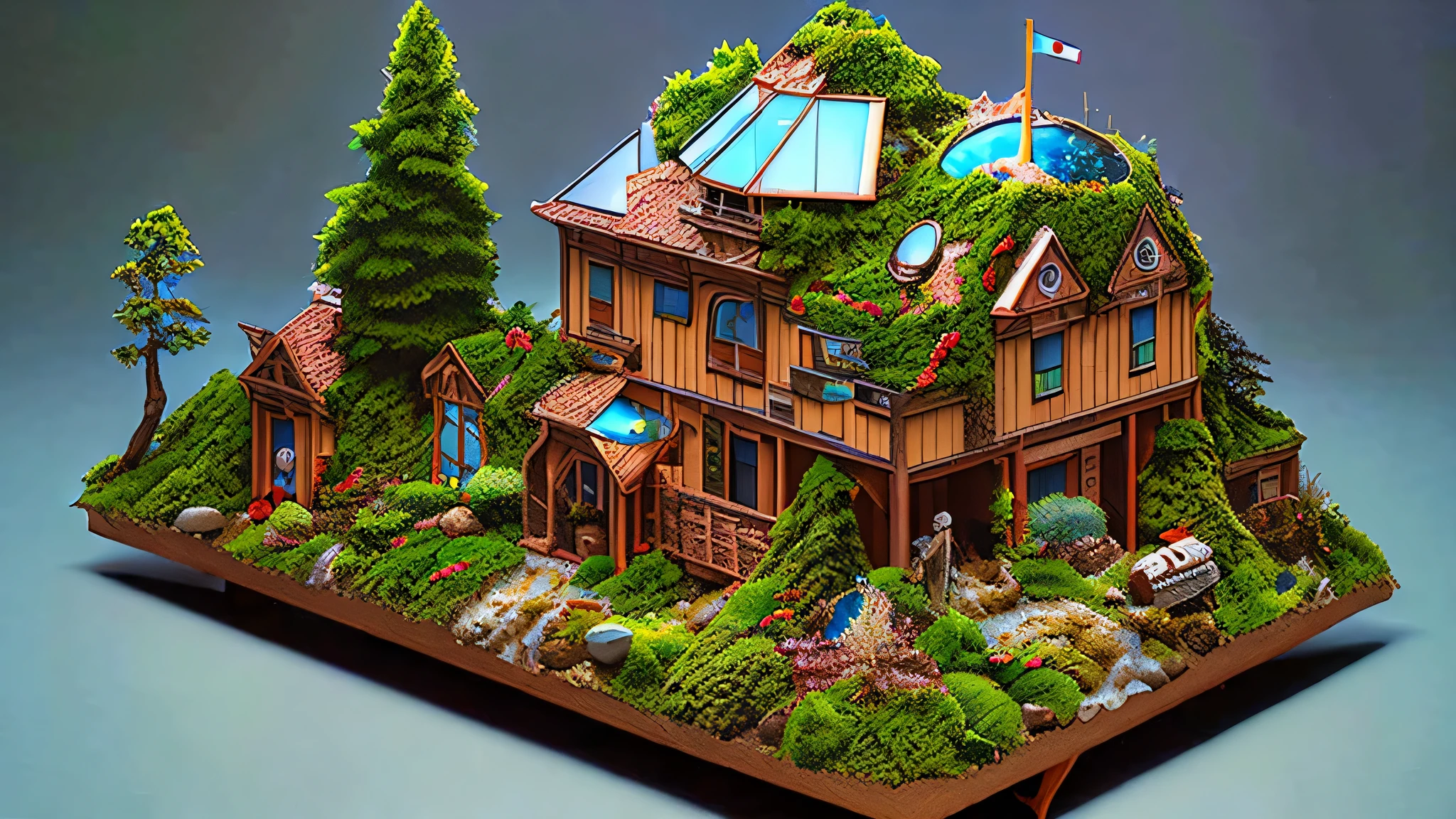 (Isometric 3d rendering CG diorama of ultra great fantastic terrarium), European architecture, heavy rain, (no human), many plant, night, cinematic lighting, warm colors, upscaled 8k, ultra-high resolution pixel art, unreal engine, max resolution, beautiful, perfect design, rendering GeForce rtx 4090, ray tracing, overclocked sampling, masterpiece, ultimate digital art, hyper detailed, hyper realistic, Canon EOS 1D,