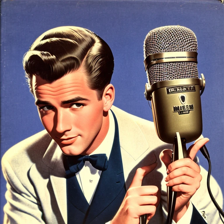 vintage 1950s album cover with male crooner holding vintage microphone with no text