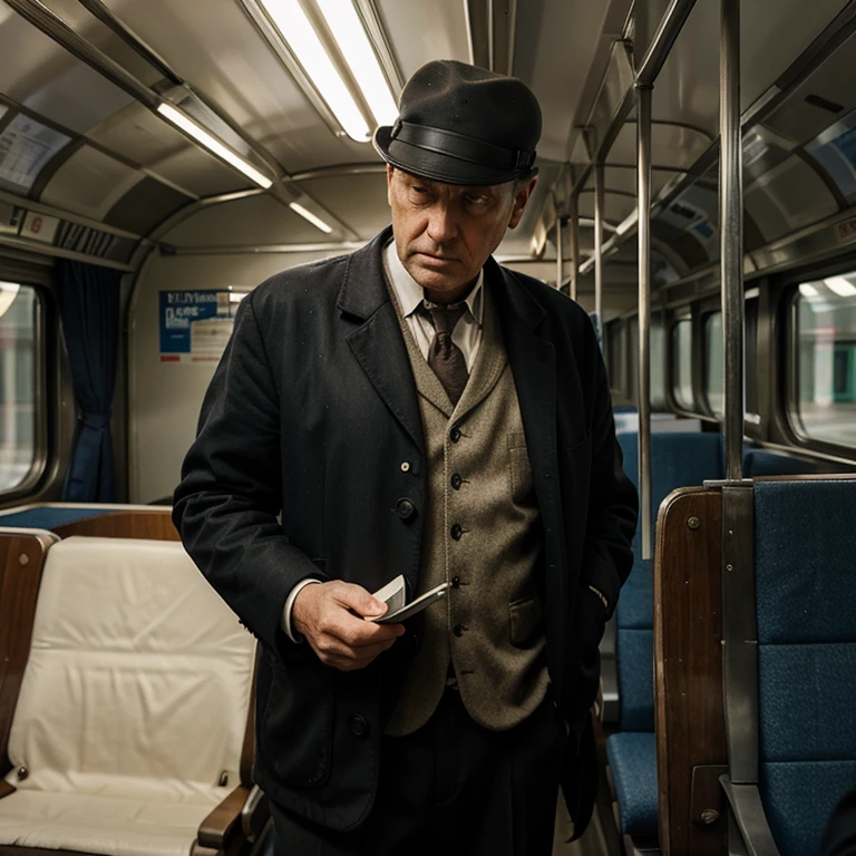 an old serious man detective with a notebook in a train carriage looking thinking and a detective jacket