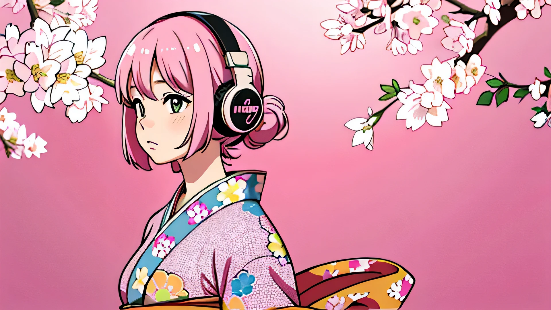 pink hair, alone, girl, , wearing headphones, floral printed kimono, kyoto background, pink background, on right, full body shot, kyoto, city pop