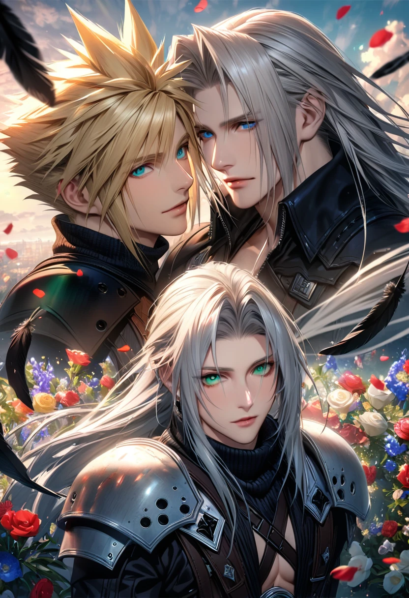 Ultra detailed, Highres, absurdres, HDR, Cloud Strife, blue eyes, blond hair, Sephiroth, green eyes, silver hair, Final Fantasy VII Remake, handsome, 2 men together, gay couple, very detailed face and eyes, flowers and petals, black feathers,