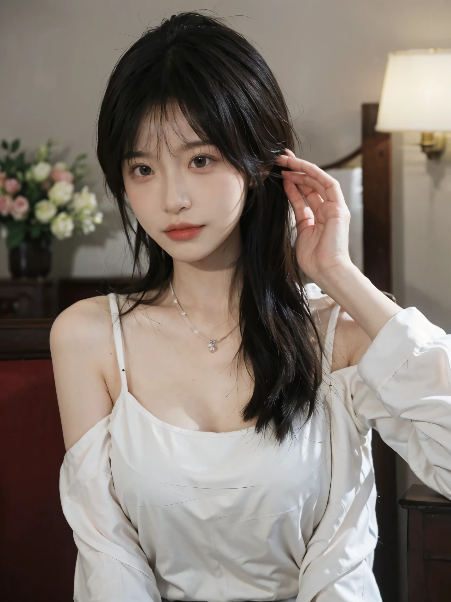 best quality， ultra high resolution， （realistically：1.4），cute hairpin，Baoyu Girl，Standing in the wedding hall，（flat chest：1.2） ，A pair of clear and charming peach blossom eyes,Royal sister，The sun shines on the face，Big wavy hairstyle，（necklace：1.2），（White skin：1.4），a sense of atmosphere，a beautiful girl，Looking directly at the viewer， Close-up cleavage ，(lifelike:1.4),1 girl,Sexy,(Upper body:1.4),(wet),(:1.2)