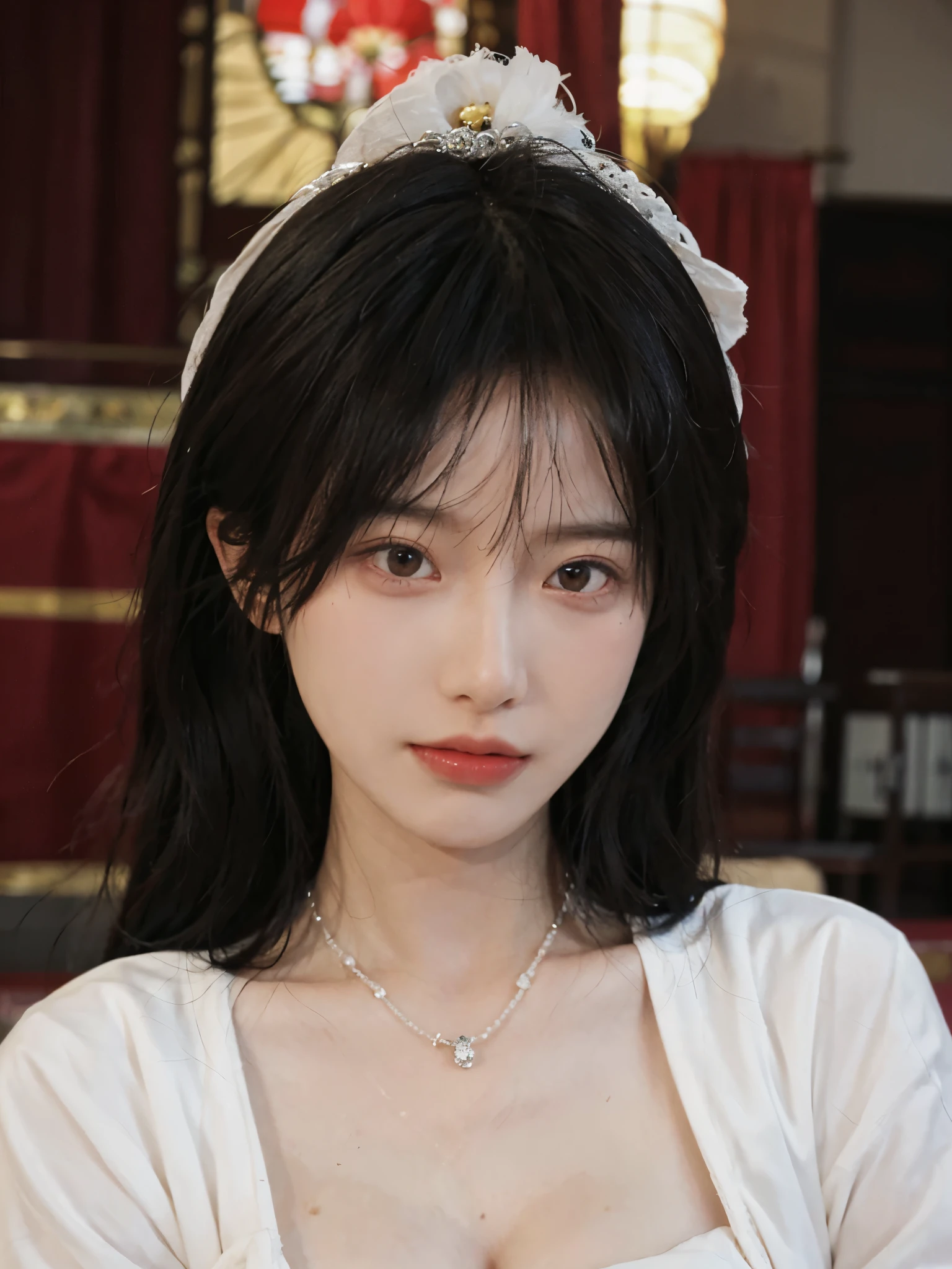 best quality, ultra high resolution, (realistically:1.4),cute hairpin,Baoyu Girl,Standing in the wedding hall,(flat chest:1.2) ,A pair of clear and charming peach blossom eyes,Royal sister,The sun shines on the face,Big wavy hairstyle,(necklace:1.2),(White skin:1.4),a sense of atmosphere,a beautiful girl,Looking directly at the viewer, Close-up cleavage ,(lifelike:1.4),1 girl,Sexy,(Upper body:1.4),(wet),(:1.2)