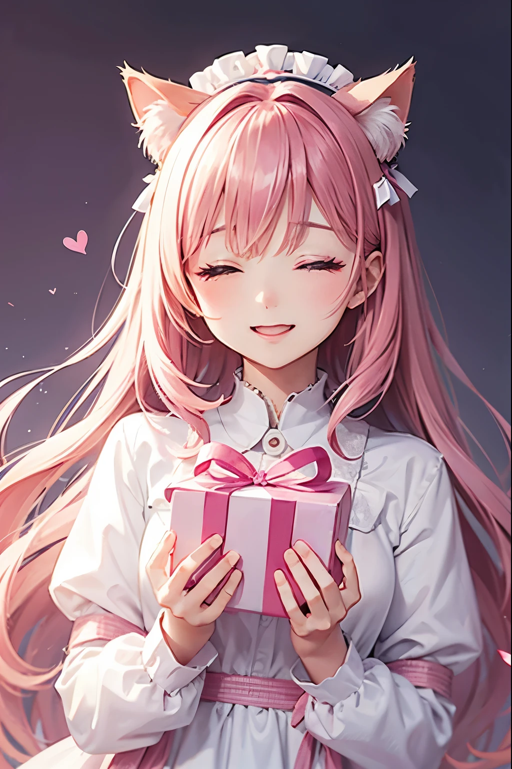 Cat with pink ribbon、Hair Pink、pink eyes、White clothes with pink accents、Closed eyes that laughed、Have a gift、Appearance of being happy and cheerful