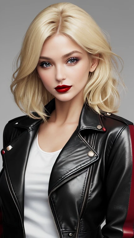 A blonde woman with a black leather jacket and red lipstick.