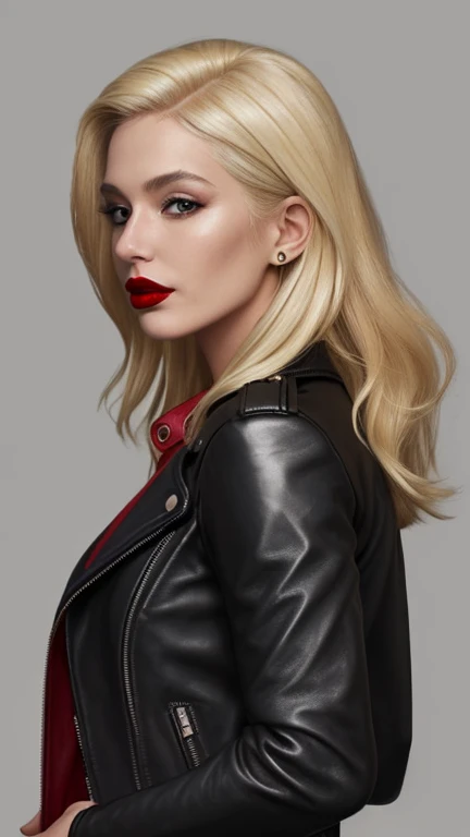 A blonde woman with a black leather jacket and red lipstick.