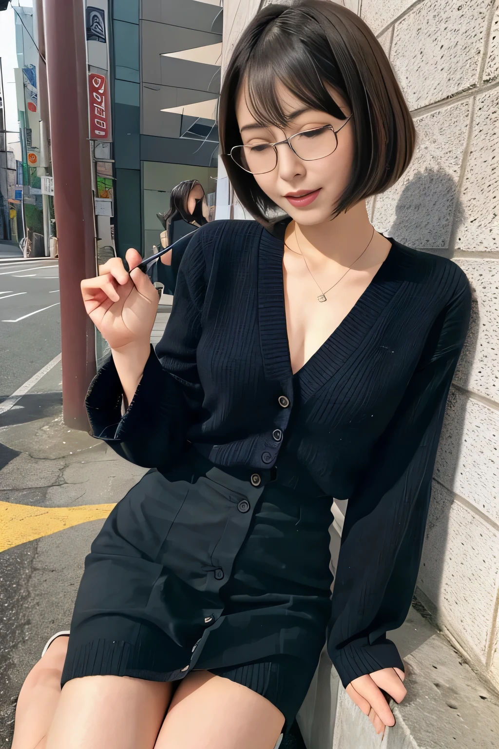 (remote_play), (remote_vibrating), ulzzang-6500-v1.1, pureerosface_v1, best quality, masterpiece, illustration, (realistic, photo-realistic:1.37), amazing, finely detail, incredibly absurdres, huge filesize, ultra-detailed, highres, extremely detailed CG unity 8k wallpaper, ray tracing, nsfw, 1girl, Japanese young girl, (Dark blonde short bobcut:1.3), (Slender body:1.4),(wearing jacket over V-neck sweater,wearing pleats skirt),(blushing:1.4),(cleavage), closed eyes, We witness an individual overwhelmed by the intense stimulation caused by a powerful vibrating device. The jolts of pleasure or surprise prompt them to instinctively crouch down, their knees bending as their body responds to the electrifying vibrations. With closed eyes and an open mouth, their expression conveys a mixture of pleasure, surprise, and a hint of vulnerability. The energy in the scene is palpable, as the viewer is invited to share in the subject's thrilling experience.,(Glasses:1.3),