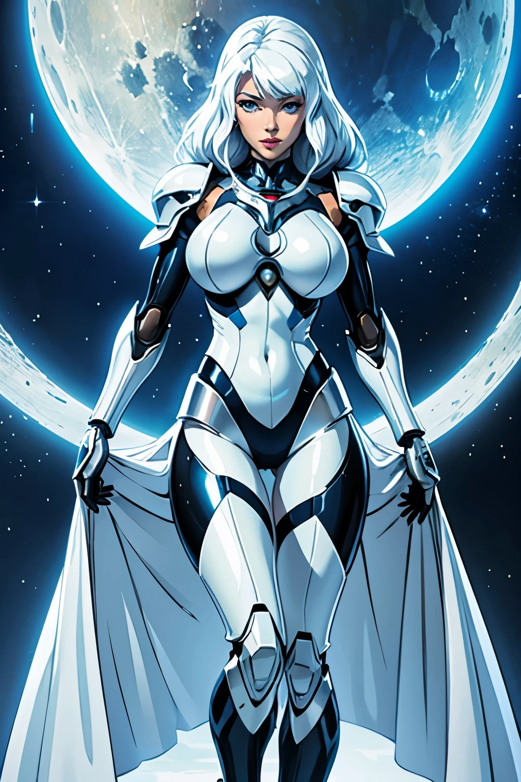 Superior image quality,Ultra High Definition,8k,Close-up of a cartoon character with very large breasts, elegant shiny white armor, in white futuristic armor, elegant white armor, gynoid cyborg body, Armor high-tech shiny, silver eyes full body, lunar-themed costume, sleek Simplified white armor, detailed white armor, Simplified white armor, gynoid body