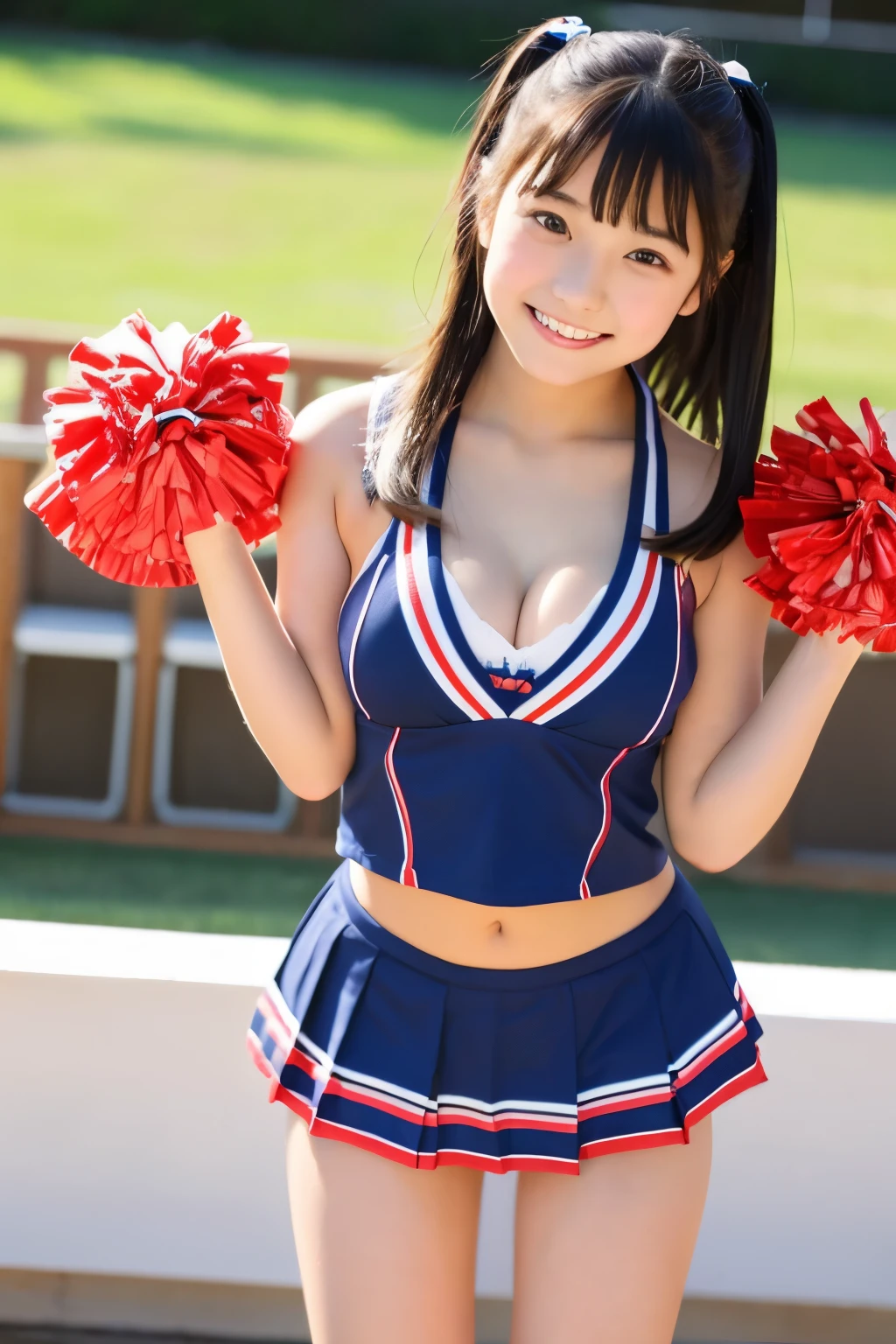 A 17-year-old Japanese girl with a very cute idol-like face.。Gentle and cute。Please smile kindly。She is a cheerleader at school　Cheerleader uniforms are bikini-style and show off cleavage　larger bust　full body figure　On all fours　Raw photo　real　genuine　High definition　real life　No copyright notice