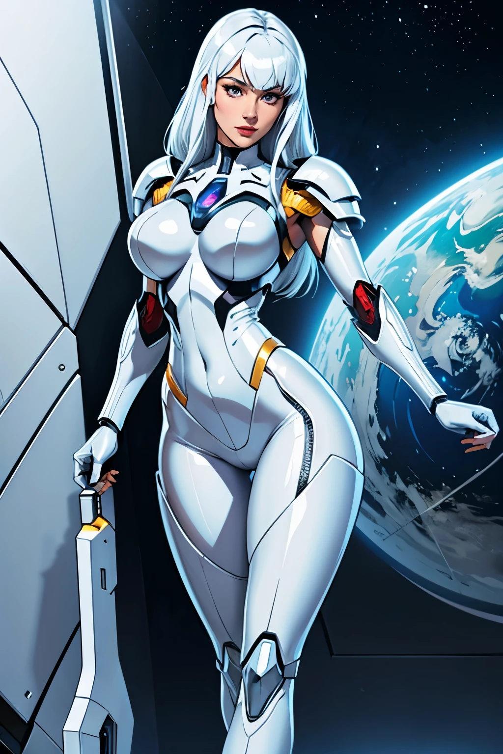 Superior image quality,Ultra High Definition,8k,Close-up of a cartoon character with very large breasts, elegant shiny white armor, in white futuristic armor, elegant white armor, gynoid cyborg body, Armor high-tech shiny, silver eyes full body, lunar-themed costume, sleek Simplified white armor, detailed white armor, Simplified white armor, gynoid body