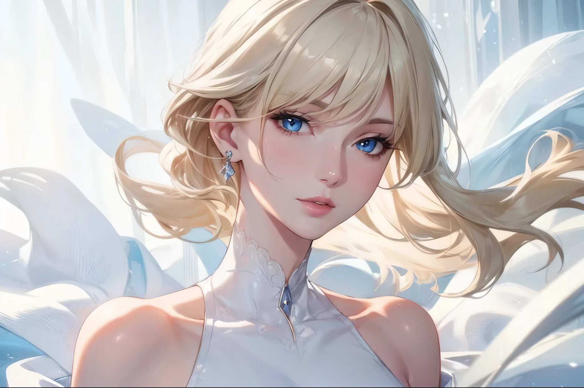 realistic, Elegant mature woman, blue eyes, blonde, big chest, high resolution cg 8k, beautiful cg, soft light