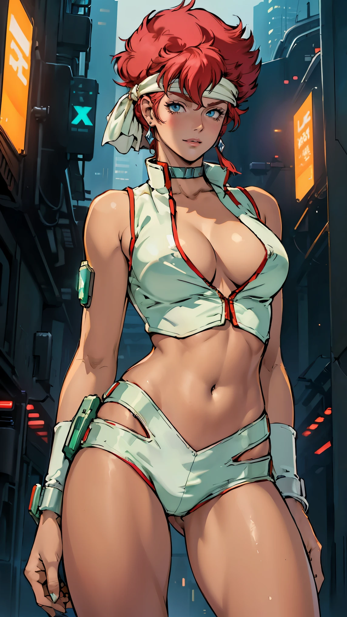 ((Masterpiece, highest quality; 1.3)), super quality, beautiful detail, super detailed, extra fine, 16K, exquisite, absurd, high resolution, beautiful background, detailed background, beautiful eyes, beautiful skin, anime style, Kay from Dirty Pair in a high white outfit, cleavage, bushy redhead beauty, white uniform, wearing tight clothes, skimpy, (mid chest: 1.2), cleavage, cleavage, , slim waist, slim thighs, thigh gap, showing stomach, skinny, thin hips, cyberpunk city background, retro space gun holding, green headband, emerald green headband, slight smile