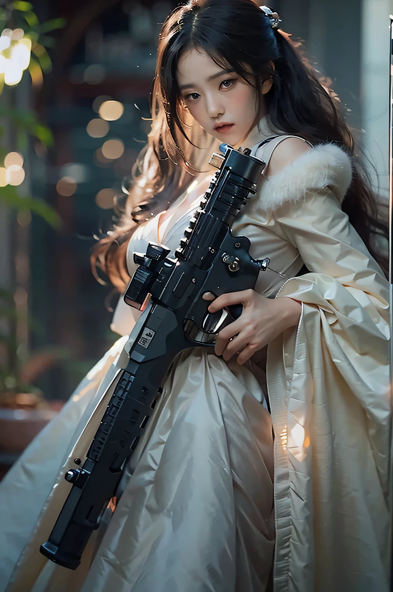 (highest image quality), (masterpiece), (vibrant, photography realistic, Realistic, Dramatic, Dark, Sharp focus, 8K), beautiful, Highly detailed face and skin texture, sexy wedding dress, ethereal beauty, mature asian woman,black long hair, make up, nsfw ,Close up shot, ((backlight)), holding the gun, secret agent, sniper agent