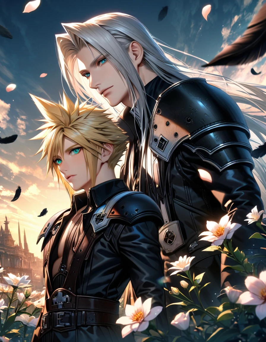 Ultra detailed, Highres, absurdres, HDR, Cloud Strife, blue eyes, blond hair, Sephiroth, green eyes, silver hair, Final Fantasy VII Remake, handsome, 2 men together, gay couple, very detailed face and eyes, flowers and petals, black feathers,