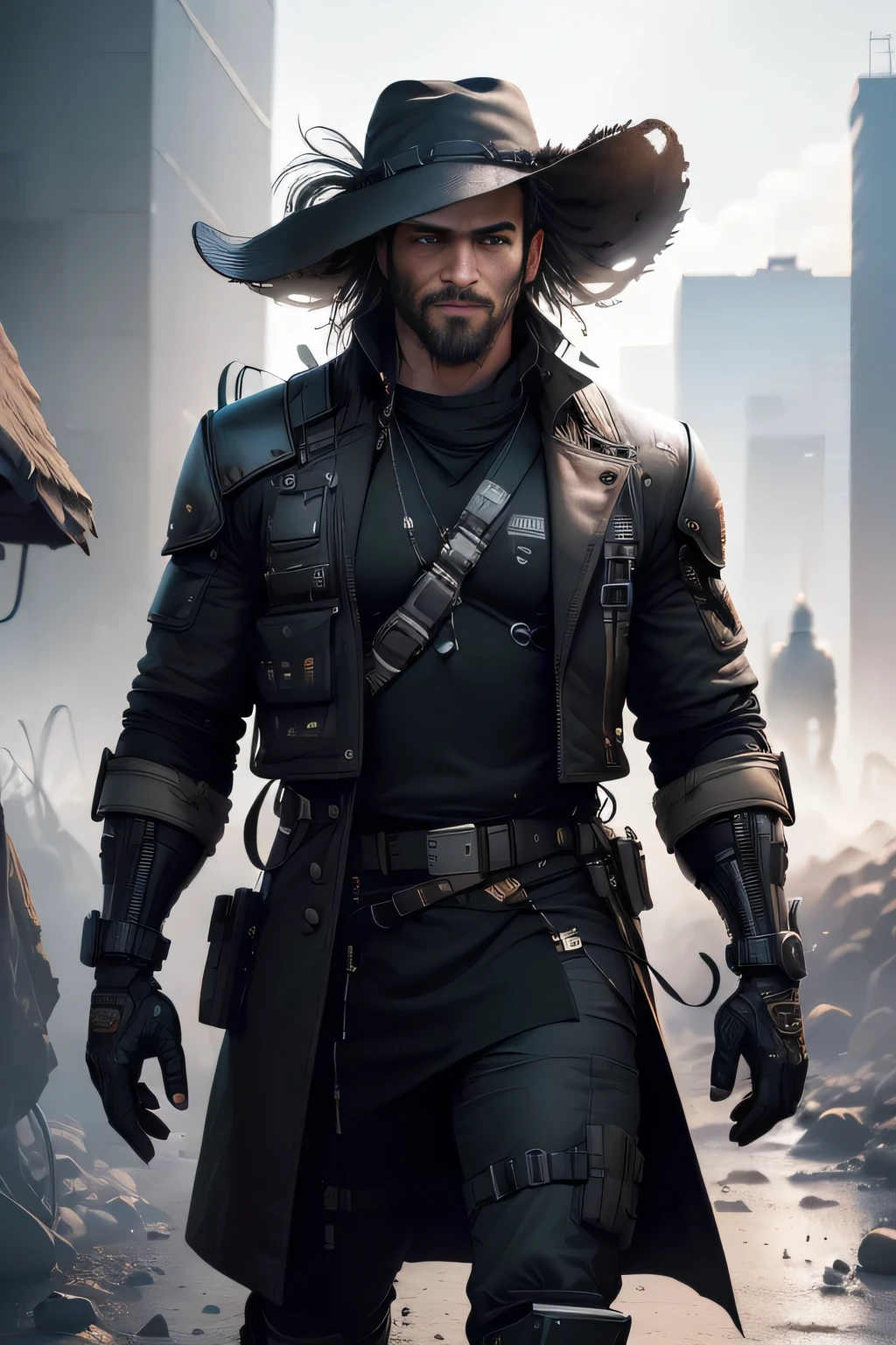 (best quality,4k,8k,highres,masterpiece:1.2),ultra-detailed,(realistic,photorealistic,photo-realistic:1.37),cyberpunk,man,30 years old,tanned skin,black hair and stubble beard,mechanical left arm,black overcoat,bush hat,cowboy shot