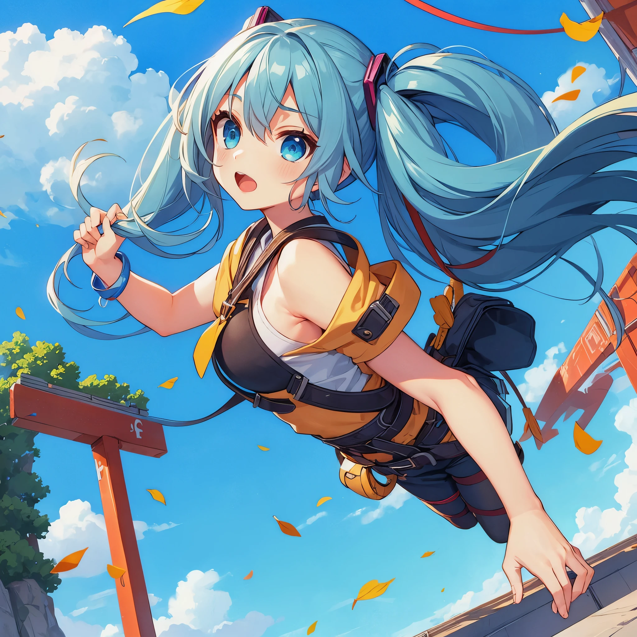 sunny On a bridge over a big river in the mountains light blue long hair Beautiful girl with twin tails Tie a rubber rope to your body and jump from the bridge into the river I'm bungee jumping