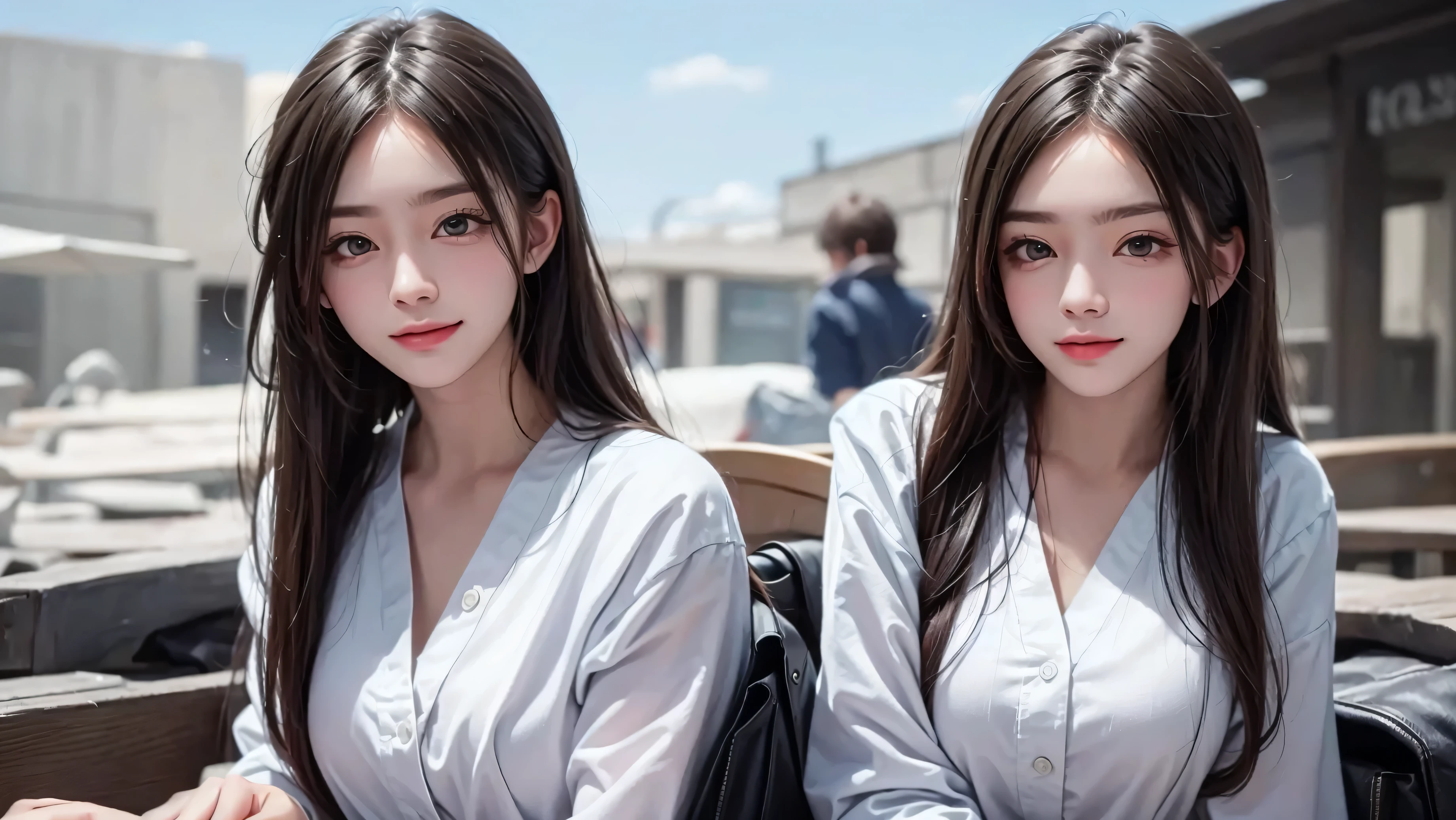 Please keep looking at me、Bright screen、light brown medium bob hair、8K、outdoor、blue sky、Upper body、Photographed alone、40 years old、full color、smile、