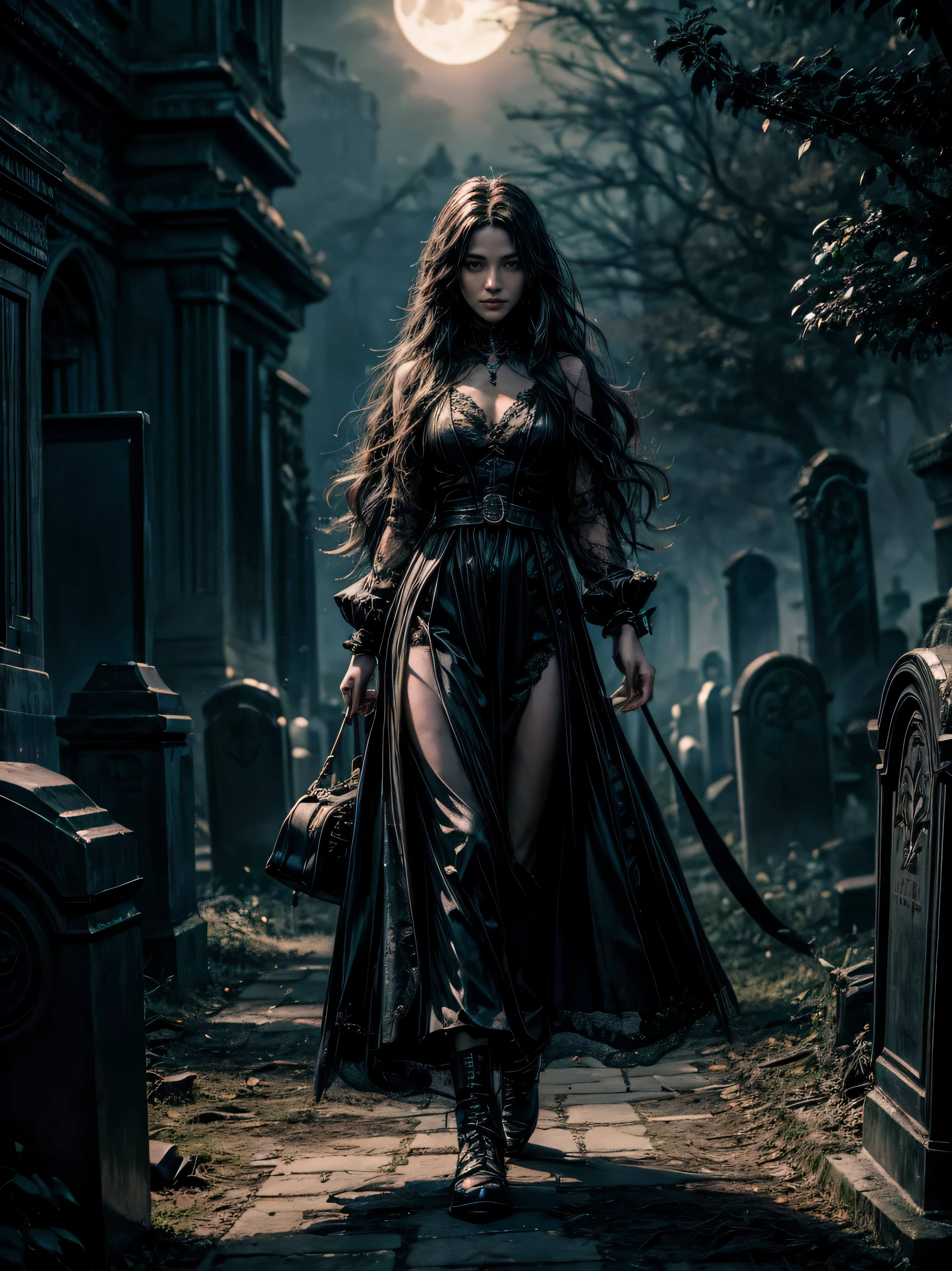 Highly Realistic, Ultra High Definition, Raw photo, Chromecast, 1 young girl, long wavy hair, long black gown, detailed full body view, Midnight graveyard, black crow , detailed background texture, intense stare, eerie atmosphere, multiple crows fluttering in the background, moonlit tombstones, girl walking through tombstones, decaying leaves, silent night, misty air, dark shadows, mysterious ghastly scene