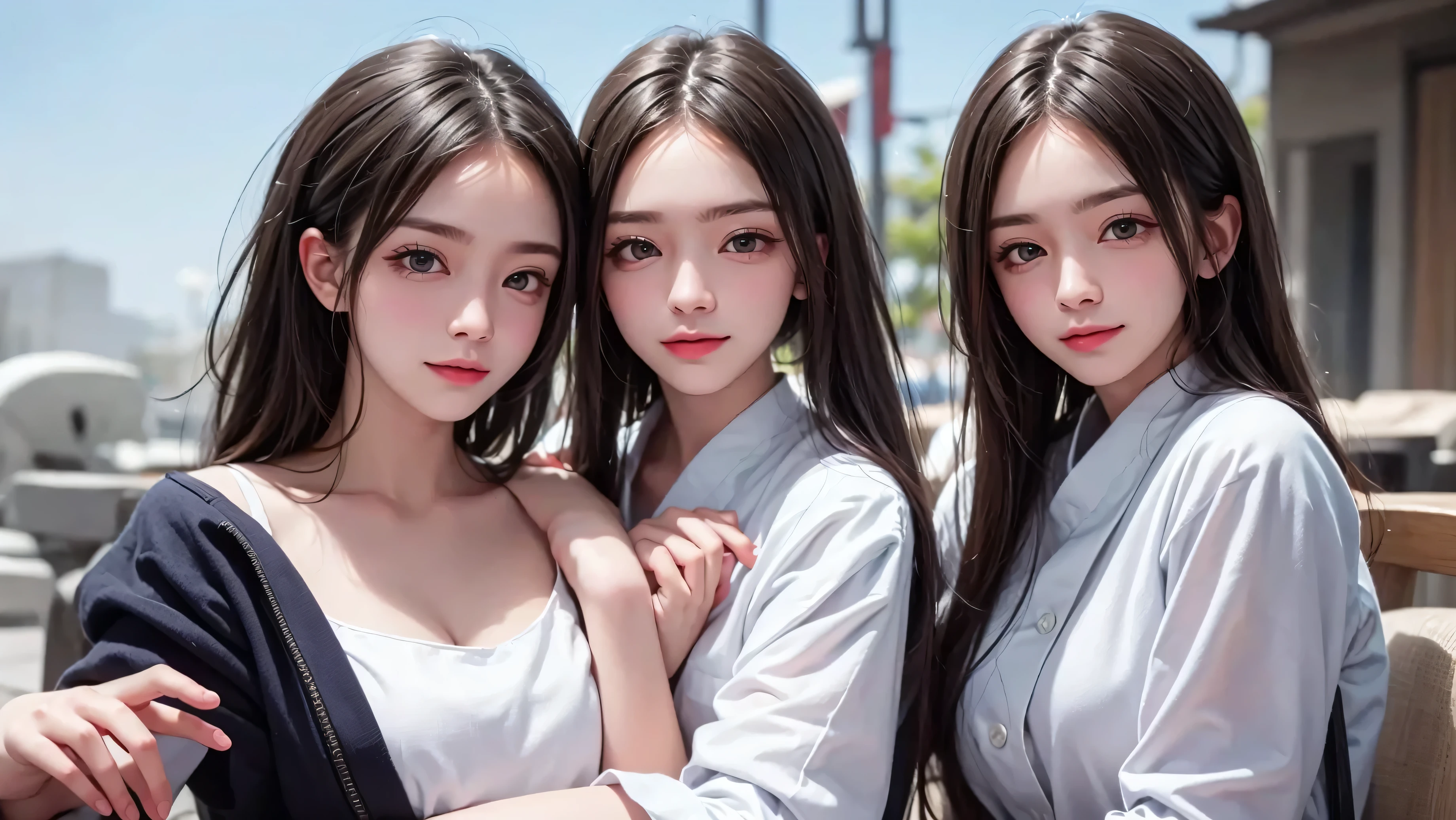 Please keep looking at me、Bright screen、light brown medium bob hair、8K、outdoor、blue sky、Upper body、Photographed alone、40 years old、full color、smile、