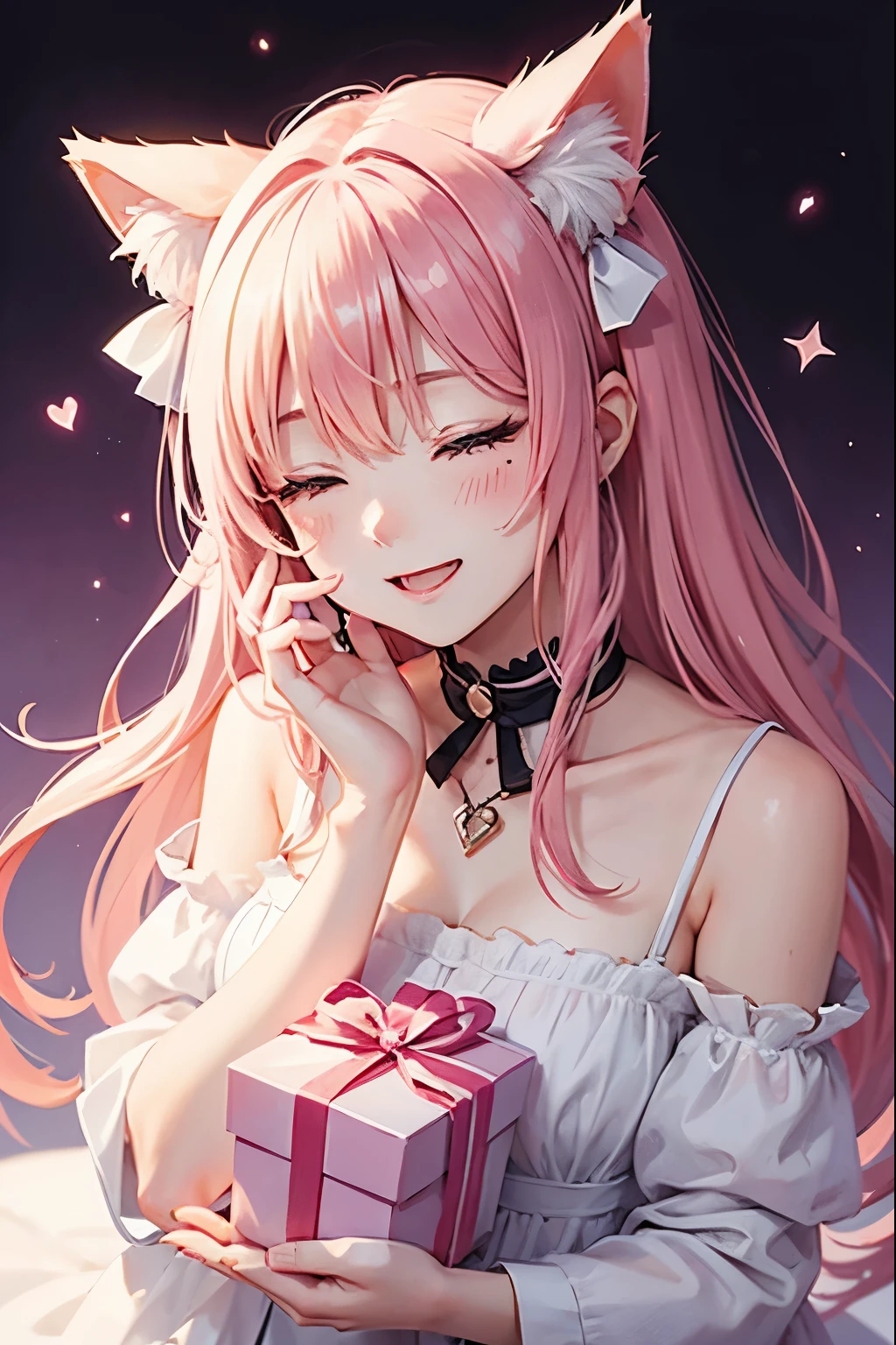 Cat with pink ribbon、Hair Pink、pink eyes、White clothes with pink accents、Closed eyes that laughed、Have a gift、Appearance of being happy and cheerful