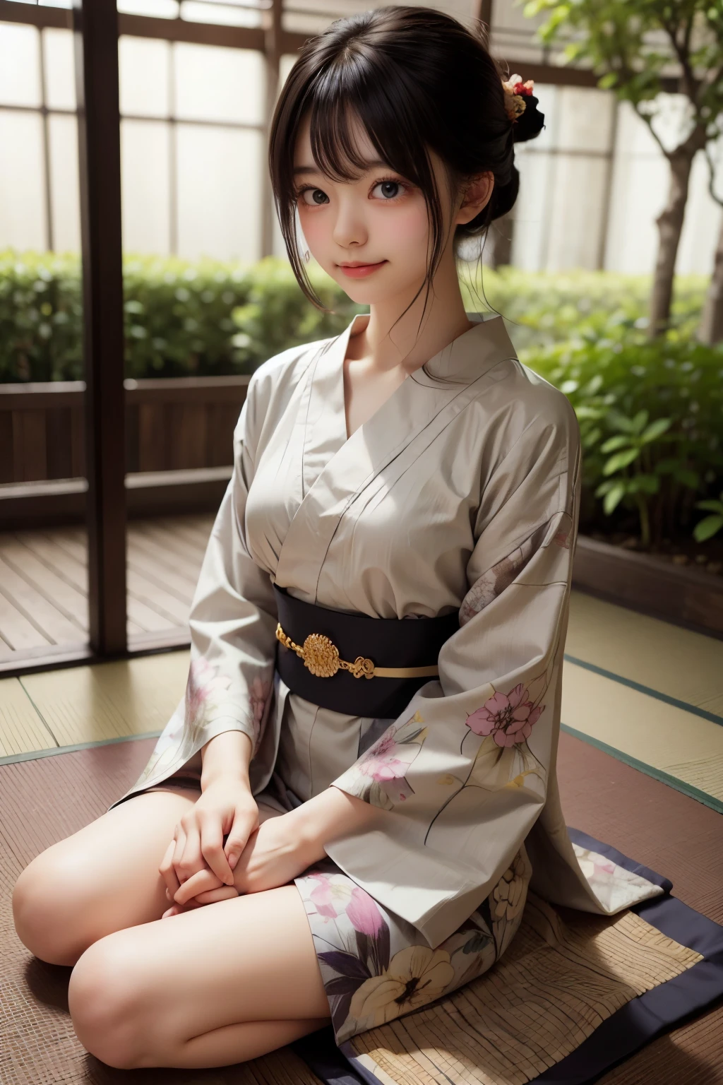 overtake高解像度, (realistic: 1.4), Raw photo, 最high quality, (Photorealistic), concentrated, soft light, (()), ((Japanese)), (front, young face))), (Depth of the bounds written), (one piece), masterpiece, (Photoreal), woman, bangs、One beautiful Japanese model, 15 years oldmanモデル, 4K、overtake高画質、bangs、black haired、kimono, Furisode、Japanese style floral pattern:1.5、アイドル風でovertake可愛い顔:1.4、slim and beautiful body、beautiful breasts、laughter、Full body Esbian:1.2、Enhanced dynamic perspective，cute cute beautiful girl，beautiful skin, look at me and smile，simple background，works of masters，high quality，4K resolution，overtake
