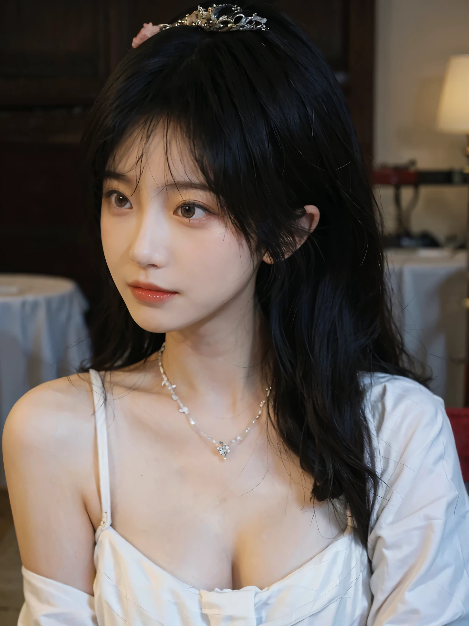 best quality， ultra high resolution， （realistically：1.4），cute hairpin，Baoyu Girl，Standing in the wedding hall，（flat chest：1.2） ，A pair of clear and charming peach blossom eyes,Royal sister，The sun shines on the face，Big wavy hairstyle，（necklace：1.2），（White skin：1.4），a sense of atmosphere，a beautiful girl，Looking directly at the viewer， Close-up cleavage ，(lifelike:1.4),1 girl,Sexy,(Upper body:1.4),(wet),(:1.2)