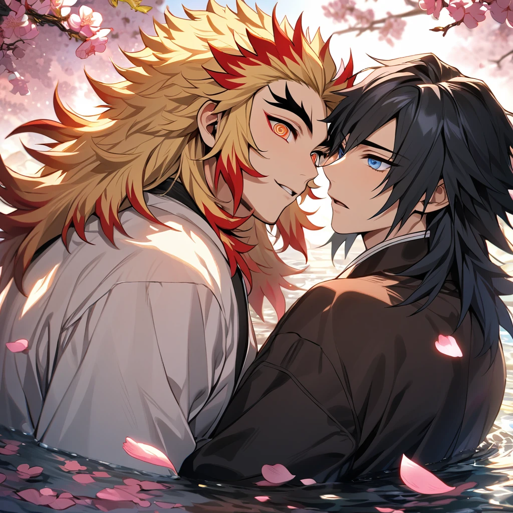 absurdres, highres, ultra detailed, HDR, master piece, best quality, Tomioka Giyu, untamed black hair, expressive blue eyes, hair between the eyes, Rengoku Kyojuro, blond medium hair with red streaks, expressive orange eyes, Kimetsu no yaiba, 2men together, gay couple, handsome, pink petals, pink flowers, water, spring, pink butterflies