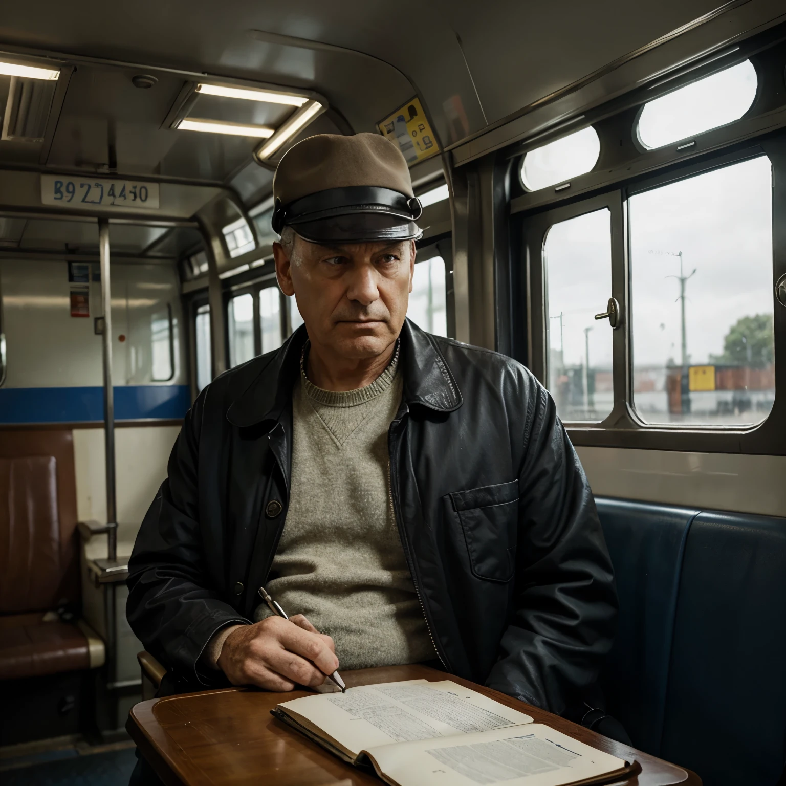 an old serious man detective with a notebook in a train carriage looking thinking and a detective jacket