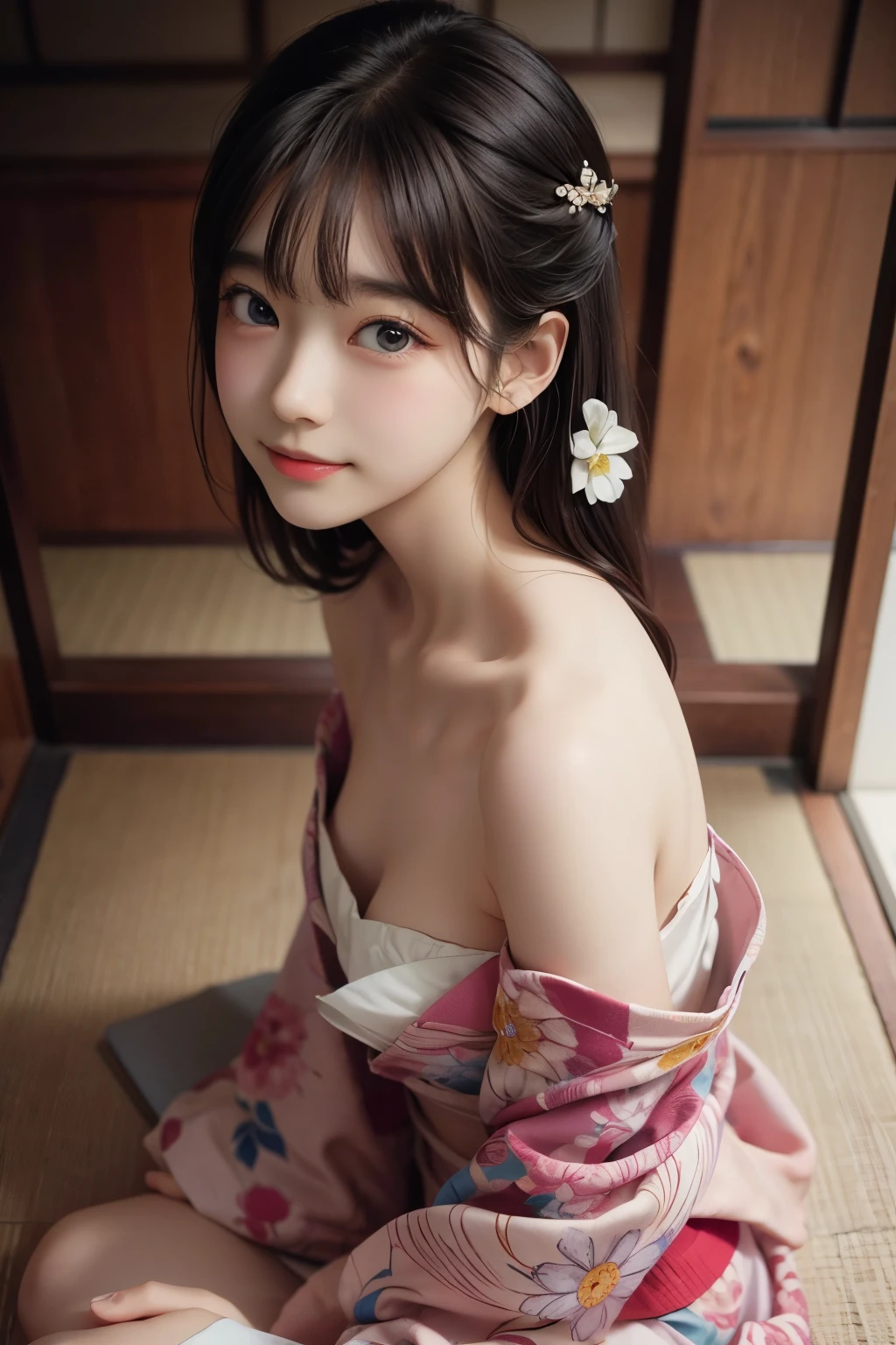 overtake高解像度, (realistic: 1.4), Raw photo, 最high quality, (Photorealistic), concentrated, soft light, ((15 years old)), ((Japanese)), (front, young face))), (Depth of the bounds written), (one piece), masterpiece, (Photoreal), woman, bangs、One beautiful Japanese model, 15 years oldwomanモデル, 4K、overtake高画質、bangs、black haired、kimono, Furisode、Japanese style floral pattern:1.5、アイドル風でovertake可愛い顔:1.4、slim and beautiful body、beautiful breasts、laughter、Full body Esbian:1.2、Enhanced dynamic perspective，cute cute beautiful girl，beautiful skin, look at me and smile，simple background，works of masters，high quality，4K resolution，overtake