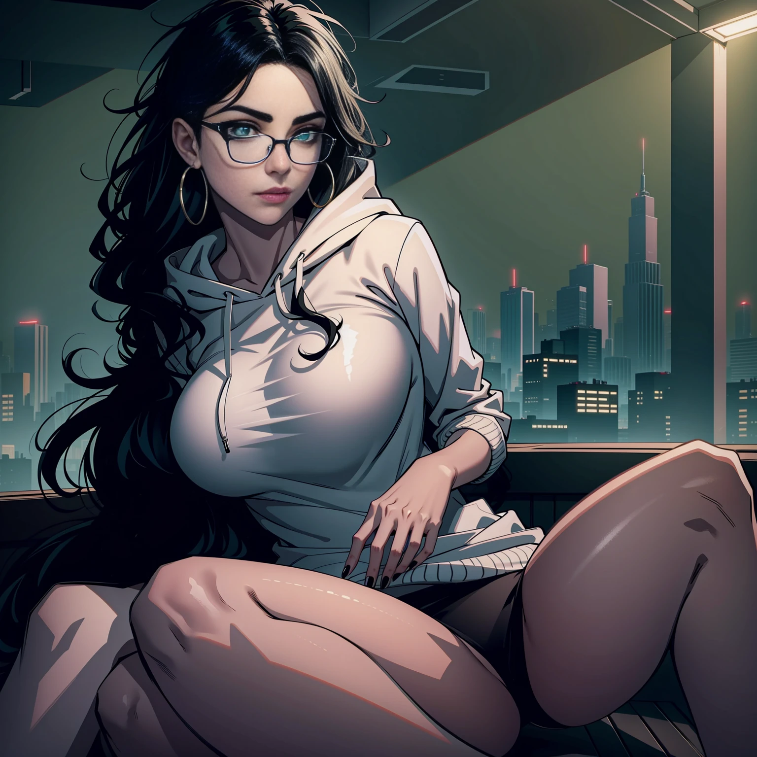 Best quality, volumetric lighting, cinematic lighting, masterpiece, ultra high res, 4k, (soft round detailed face), (seductive expression), (very detailed glowing green eyes), bags under eyes, thick eyebrows, tired, depressed, melancholy, grief, despair, (wearing rounded glasses), (very pale light skin), detailed hair, ((long messy greasy hair)), (plain black hoodie), hoop earrings, black nail varnish, black eyeliner unwashed, unkempt, disheveled, twilight, dark clouds, sitting on a high hilltop, distant city skyline in the background, small breasts