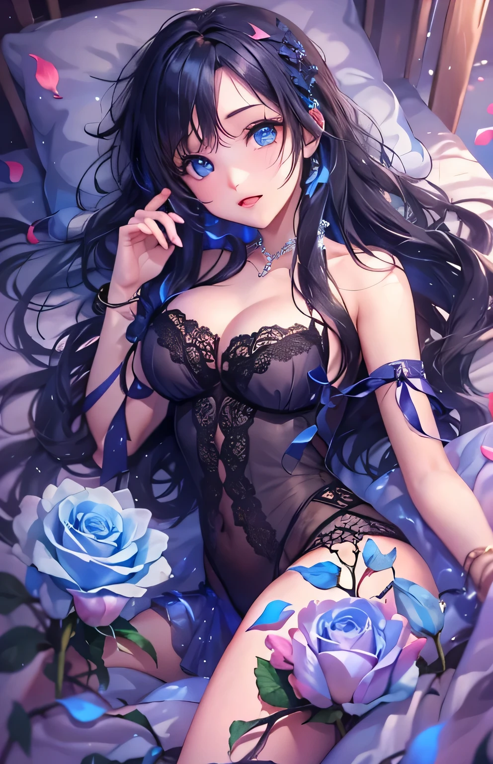 ((highest quality)), ((masterpiece)), (get used to it), perfect face , beautiful girl , beautiful long black hair , beautiful light blue eyes , In underwear , Light blue roses scattered , lie on the bed ,