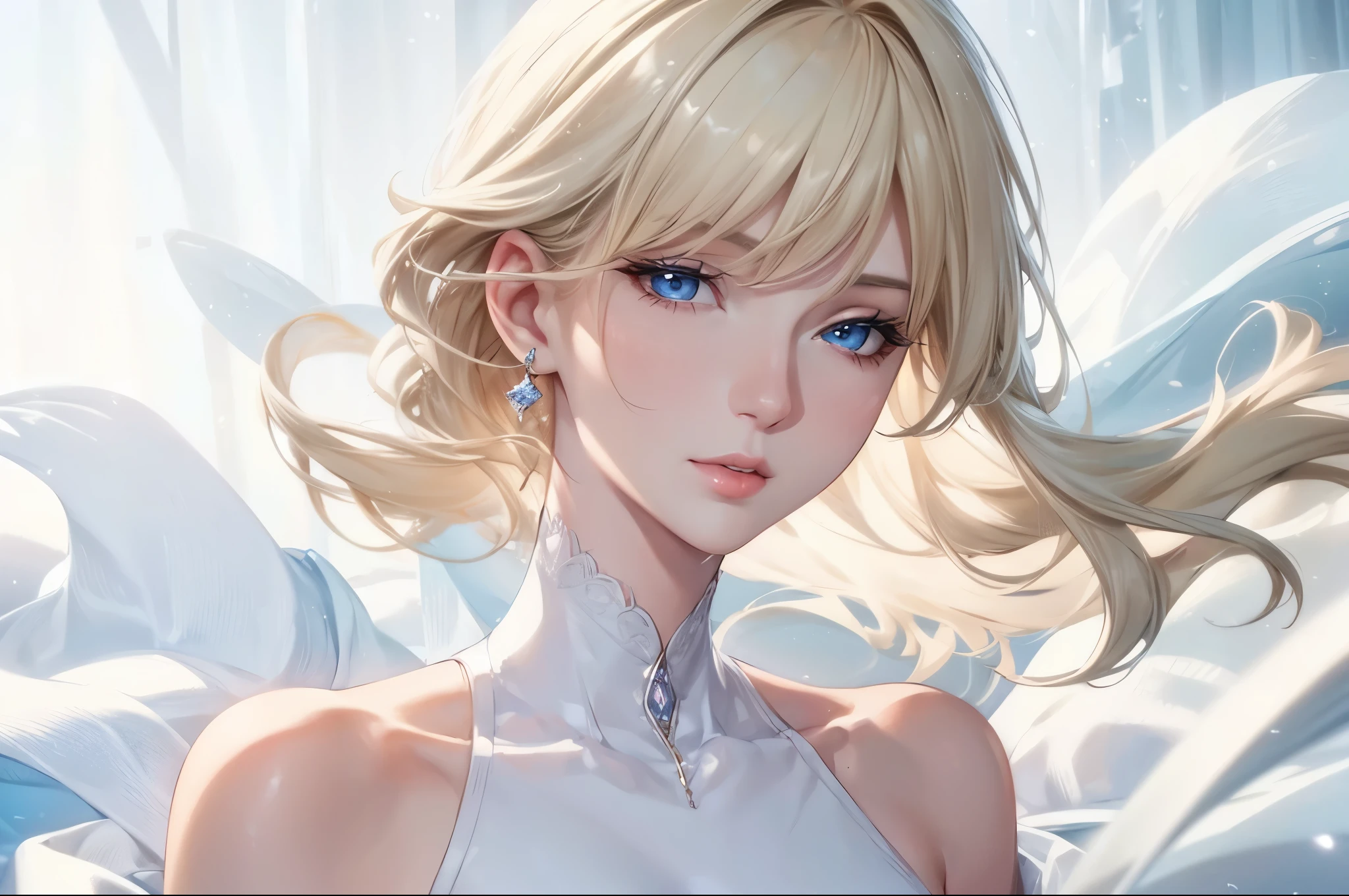 realistic, Elegant mature woman, blue eyes, blonde, big chest, high resolution cg 8k, beautiful cg, soft light