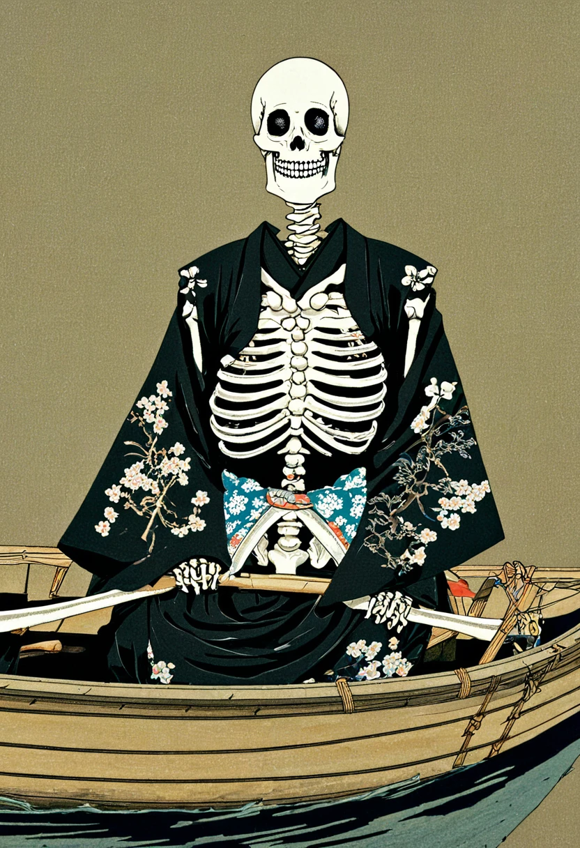 Arafed skeleton in a boat wearing a black shirt, ukiyo e, Inspired by Tawaraya Sōtatsu, inspired by Tsukioka Yoshitoshi, inspired by Shōzaburō Watanabe, ukiyoe, ukiyoe style, hone onna skeleton geisha, Inspired by Sotaro Yasui
