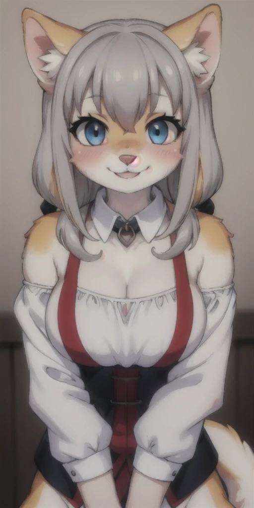 top quality, best quality, by khuzi, High-quality illustrations, masterpiece, 16k, 1080p, uploaded on e621)(kemono, furry, anthro, alone), round, 1 female, hot mother figure, very detailed body face and eyes, white ferret, Hanazono Chiyuki, (Sdorica), white fur, fluffy, big breasts, tail, perfect eyes, yellow eyes, white ponytail hair, beautiful japanese dress, theatre, scene, body movement, body twitching, shy smile, red blushing,
