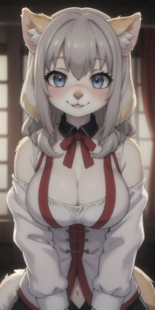 (hi res), ((masterpiece)) , ((best quality)), illustration, furry, 
dog, animal ears, lustful smile on face with red blush, fluffy ears, dog ears, blonde hair, tail, bodyfur, 1girl, POV, upper body, 1girl, solo, long hair, gray hair, *//*, blue eye, *//*, white blouse, looking at viewer, smile,