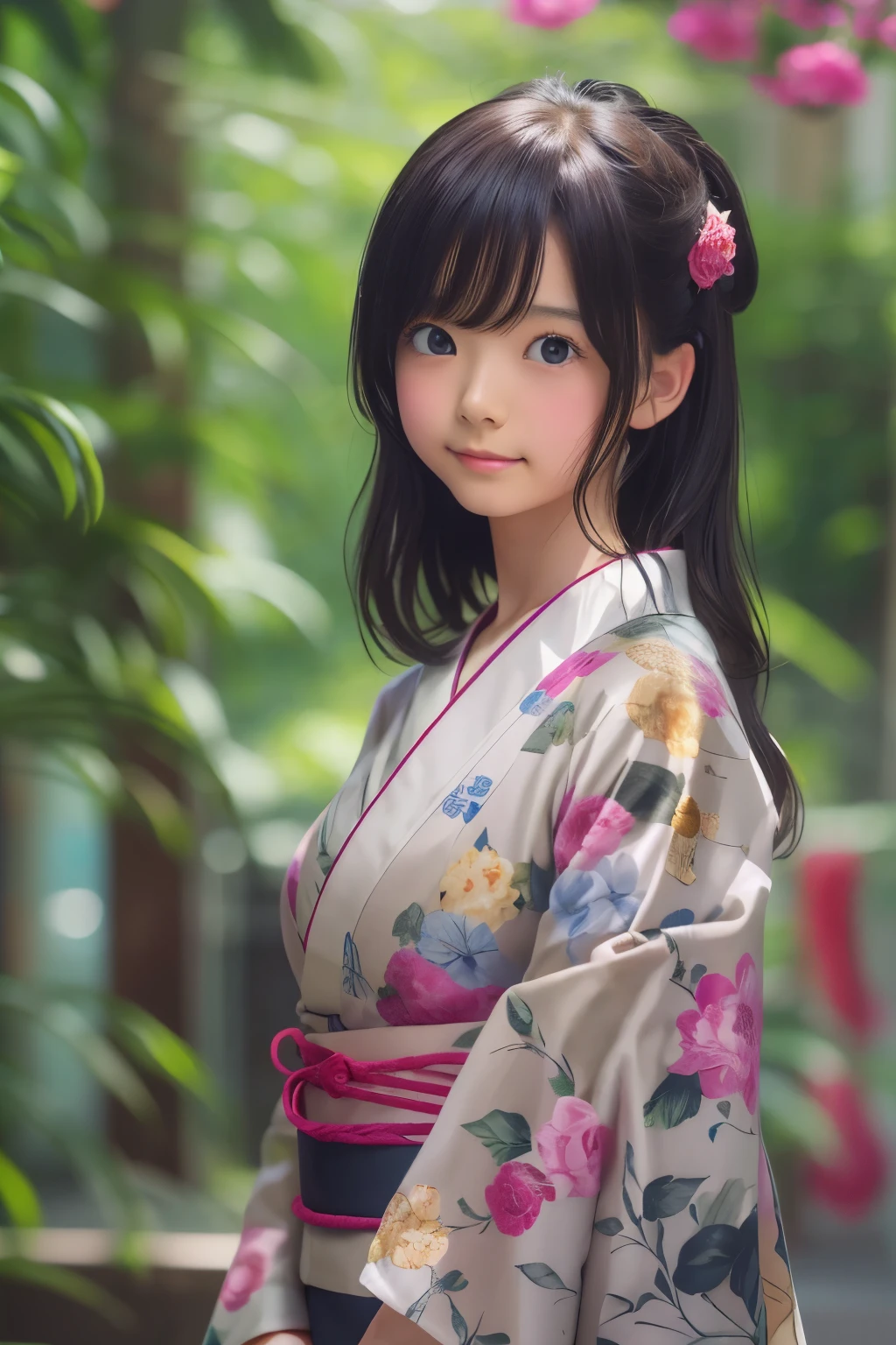 overtake高解像度, (realistic: 1.4), Raw photo, 最high quality, (Photorealistic), concentrated, soft light, (()), ((Japanese)), (front, young face))), (Depth of the bounds written), (one piece), masterpiece, (Photoreal), woman, bangs、One beautiful Japanese model, 15 years oldmanモデル, 4K、overtake高画質、bangs、black haired、kimono, Furisode、Japanese style floral pattern:1.5、アイドル風でovertake可愛い顔:1.4、slim and beautiful body、beautiful breasts、laughter、Full body Esbian:1.2、Enhanced dynamic perspective,cute cute beautiful girl,beautiful skin, look at me and smile,simple background,works of masters,high quality,4K resolution,overtake