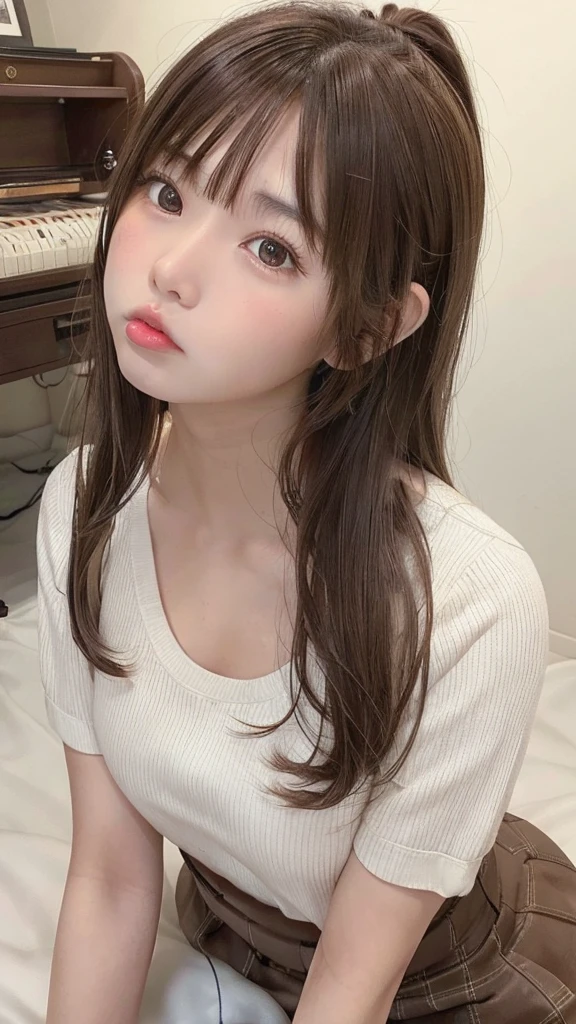brown hair、Photographed from the front、A 13-year-old girl with brown hair in a ponytail, looking up.、solo、delicate face、long eyelashes、(brown eyes:1.3)、Tartan、music room、angle from above、Sweat、open your mouth wide、stick out tongue、crawl on all fours、