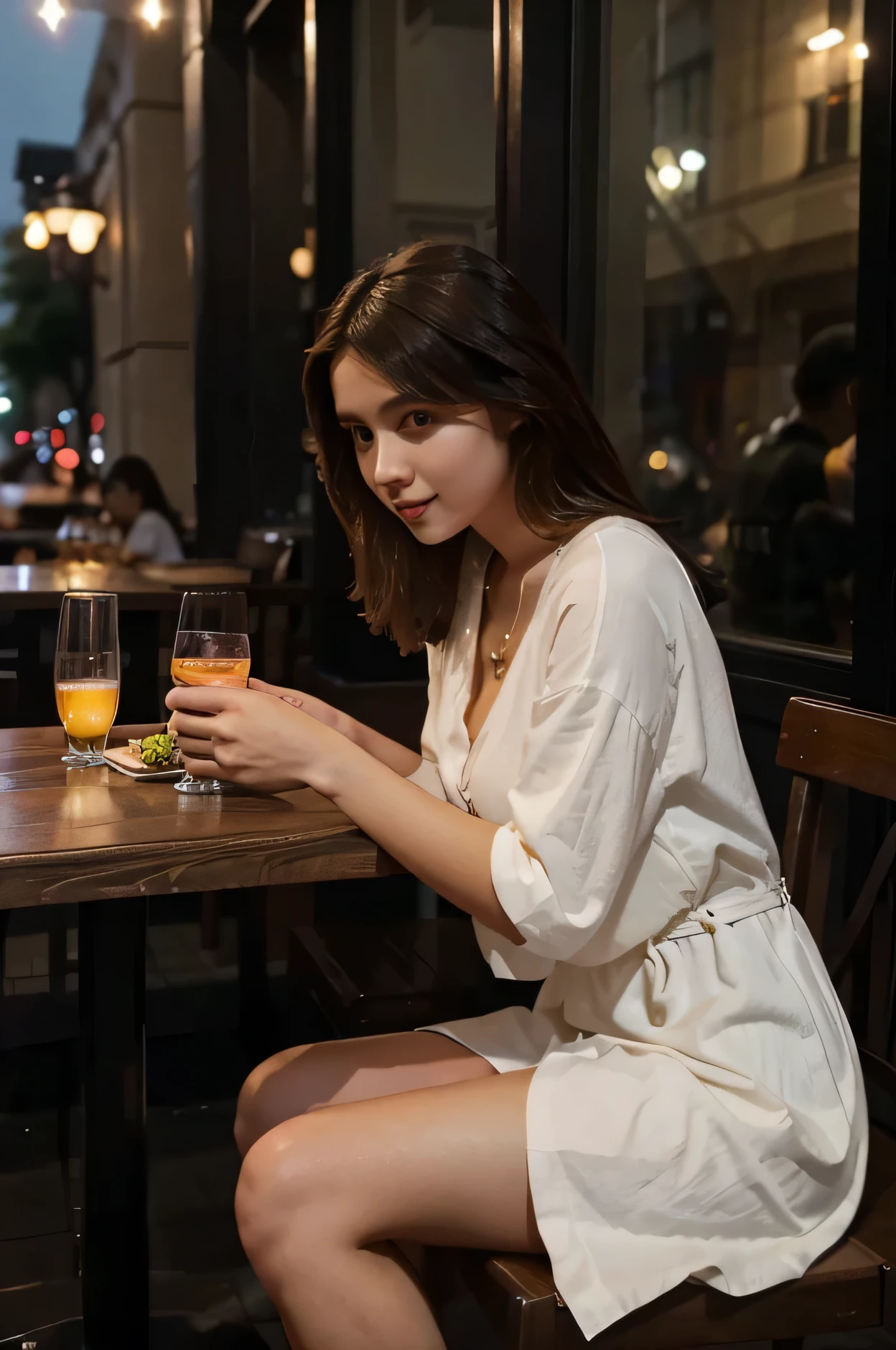 beautiful girl having dinner in a restaurant, looking at the camera, at night, outside, wearing casual dress,