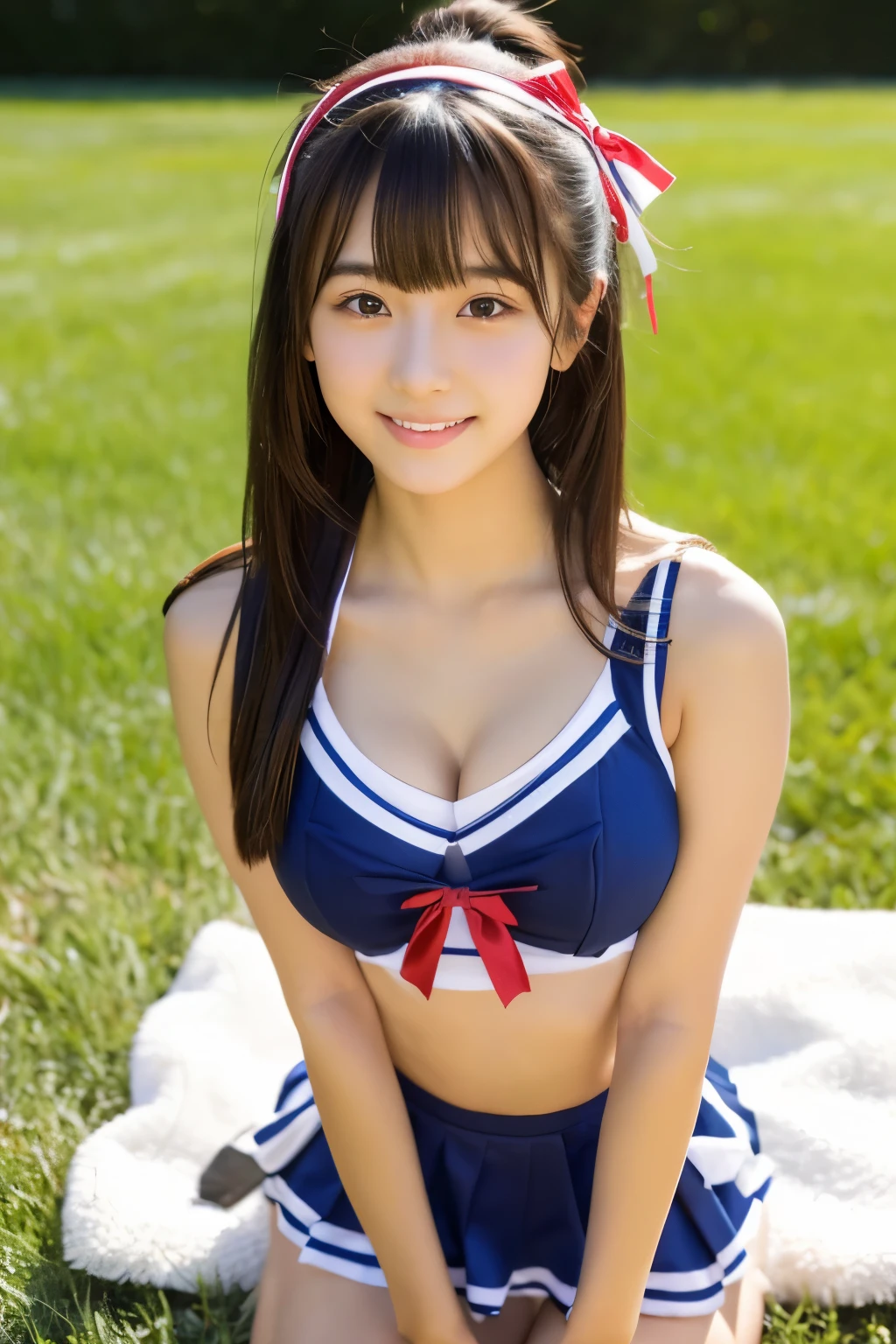 A cute,  Japanese girl at 20 who is as cute as a 15-year-old idol、Bikini-style cheerleader uniform、She&#39;s small but has a large bust、Cleavage　Sitting on the lap of her 50-year-old lover、whole body、Accurately depict hands, arms and body、RAW Photos、Genuine、High resolution、Life、No copyright notice